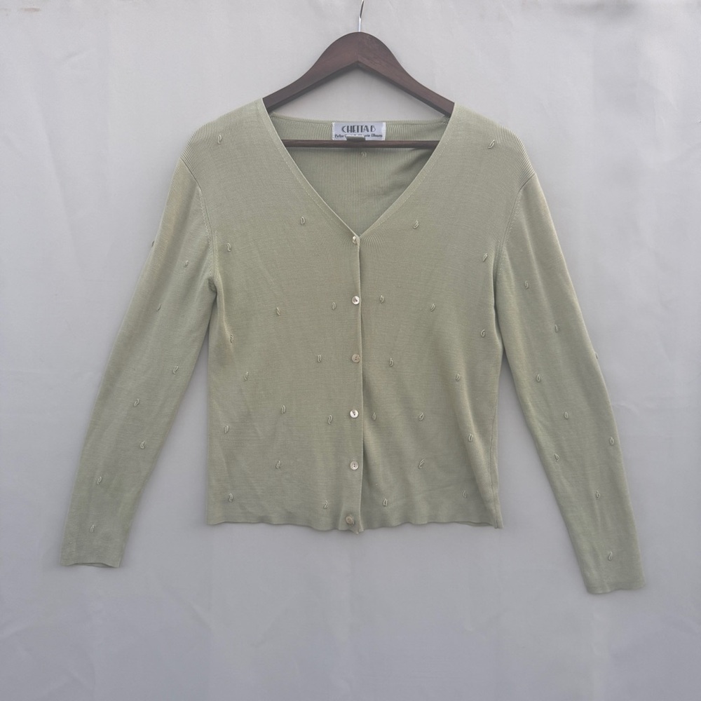 Vintage Silk Cardigan M Sage Green Button Front Minimalist Sweater
